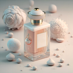 3D render design of a bottle with perfume  background  for branding. soft pastel  peach fuzz  pearl hue. close up. Ai generated. - 764133553