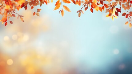 Naklejka na ściany i meble Beautiful autumn foliage background with brunches and falling tree leaves at sky with bokeh