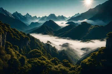 A pristine valley blanketed in a sea of mist with mountain peaks emerging like islands in an...