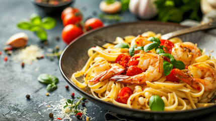 Italian pasta fettuccine in a creamy sauce with shrimp on a plate, side view. Close up. Healthy whole grain linguine with shrimps, fresh Parmesan cheese, and parsley. Restaurant menu, recipe - obrazy, fototapety, plakaty