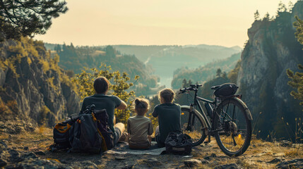 bike trip in mountains. Two children and dad eating a snack while taking a break on a mountain biking trip overlooking a mountain valley at sunset. Travel campsite and MTB cycling with backpack - obrazy, fototapety, plakaty