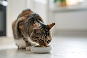Cat eating dry kibble food from white pet bowl on kitchen floor