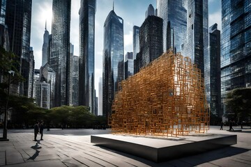 A modern art installation against a backdrop of skyscrapers, blending tradition and innovation.