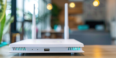 Minimalist Home white WiFi Router on table. Wireless modern router on a desk with copy space. - obrazy, fototapety, plakaty