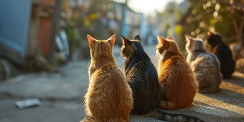 A captivating line of cats gazes intently down a street, as if awaiting an event