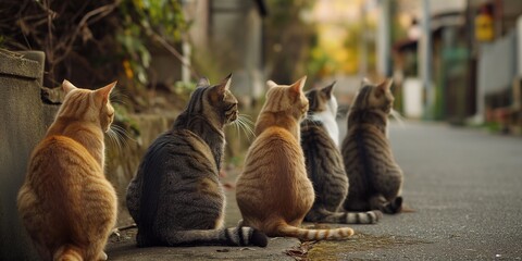 A captivating line of cats gazes intently down a street, as if awaiting an event - obrazy, fototapety, plakaty