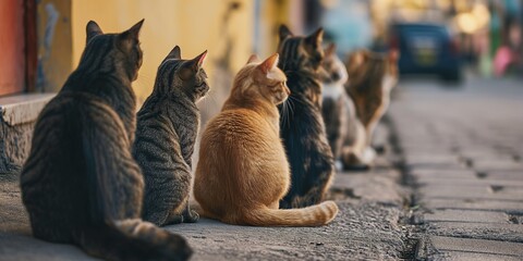 A captivating line of cats gazes intently down a street, as if awaiting an event