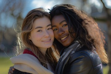 Fototapeta premium Two young women sharing a warm embrace on a sunny day outdoors