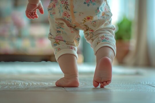 Toddler taking tentative steps in a floral onesie, highlighting the beginning of a walking journey.