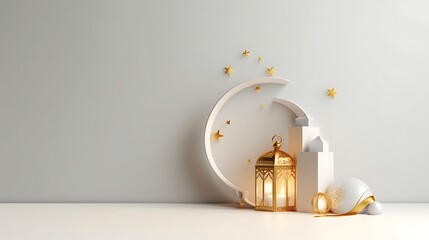 Islamic background, Gift box, lantern, gold crescent moon on white. Design concept of ramadan kareem, mawlid, iftar,isra and miraj or eid al fitr adha, copy space text area, 3D illustration