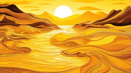 Vibrant sunset landscape abstract oil painting on canvas with yellow tones and water reflections