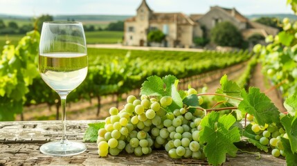 Glass of white wine with fresh grapes on a wooden surface overlooking a vineyard