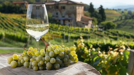 A glass of white wine with fresh grapes on a wooden barrel overlooking lush vineyards