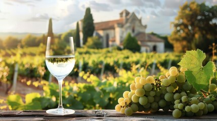 A glass of white wine with fresh grapes on a wooden table overlooking a vineyard at sunset