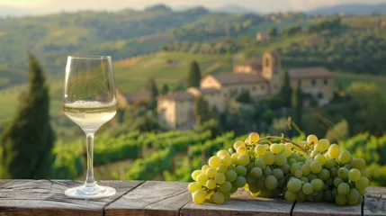 Fotobehang Glass of white wine and fresh grapes on a wooden table with a scenic Tuscan landscape in the background © BrightWhite