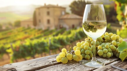A glass of white wine with fresh grapes on a rustic wooden table overlooking a vineyard at sunset
