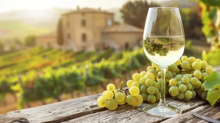 Fotobehang A glass of white wine with fresh grapes on a rustic wooden table overlooking a vineyard at sunset © BrightWhite