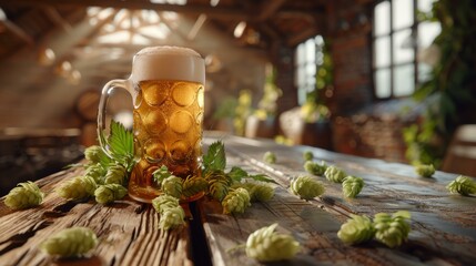 Frothy beer mug surrounded by fresh hops on a rustic wooden table in a cozy brewery atmosphere - obrazy, fototapety, plakaty