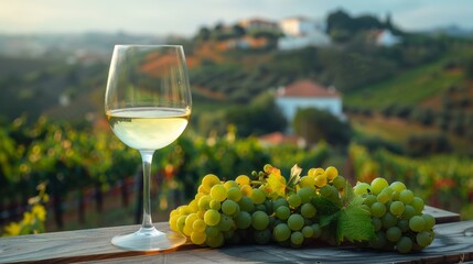 A glass of white wine with fresh grapes in the foreground overlooking a vineyard at dusk