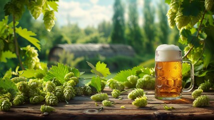 Frothy beer in a mug surrounded by fresh hops on a wooden table with a lush green landscape in the background - obrazy, fototapety, plakaty