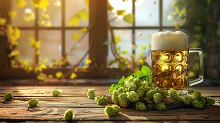 Golden beer in a stein with frothy head beside hops on a wooden table with warm sunlight filtering through a cottage window.