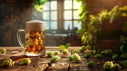 A refreshing beer mug on a rustic wooden table surrounded by fresh hops with sunlight filtering through a window in the background. - obrazy, fototapety, plakaty