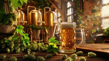 A refreshing glass of beer amidst hops on a brewery background with sunlight streaming through the windows - obrazy, fototapety, plakaty