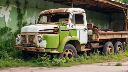 Old wrecked white and green truck Abandoned rusty