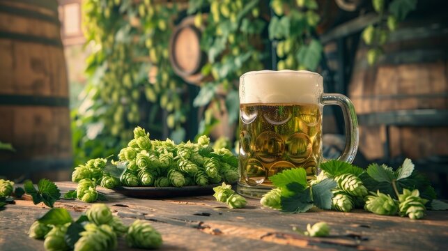 Frothy beer in a mug with fresh hops on a rustic wooden table in a brewery atmosphere