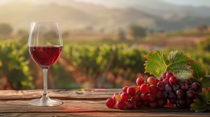 Glass of red wine with fresh grapes on a wooden table overlooking a vineyard at sunset