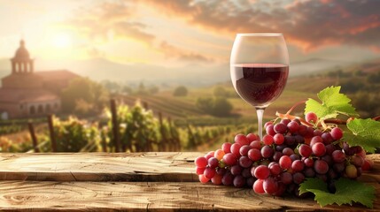 Glass of red wine with ripe grapes on a rustic wooden table overlooking a picturesque vineyard at sunset