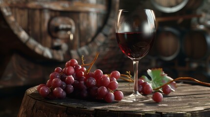 A glass of red wine with fresh grapes on an old wooden barrel in a rustic winery cellar.