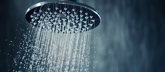 An image showing a detailed view of a shower head as water streams out of it, capturing the motion and clarity of the water flow