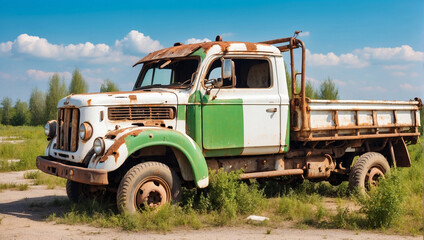 Old wrecked white and green truck Abandoned rusty