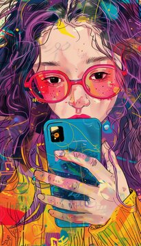 Colorful digital illustration of a young woman with wavy hair taking a selfie using a blue smartphone, framed by vibrant abstract elements.