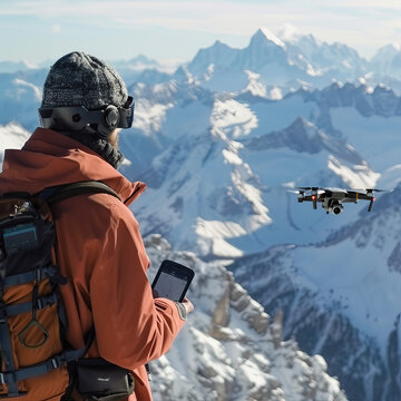 A lone mountaineer expertly pilots a drone in the midst of a breathtaking snow-covered mountain range.