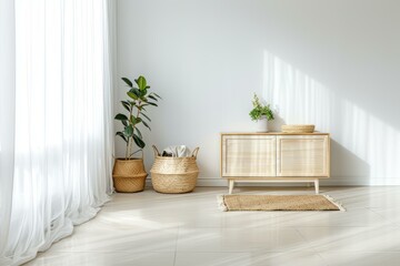 Minimalist living room corner with a modern wooden cabinet, green plants, and woven baskets against a white wall