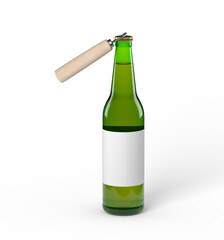 Green bottle with blank label and bottle opener
