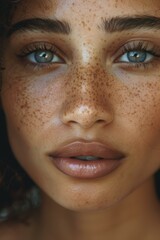 Close-up of a young woman with captivating eyes and freckles