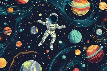 Background design with many planets in space illustration. Space icon set and astronaut