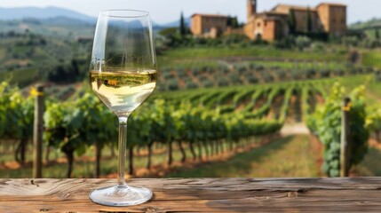 Glass of white wine on a wooden table with a vineyard and Tuscan villa in the background.