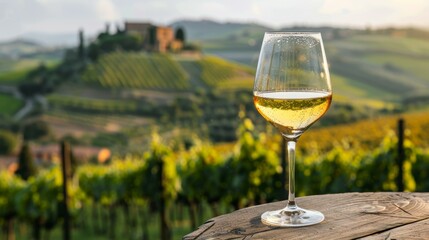 Glass of white wine on a wooden table overlooking rolling vineyards at sunset