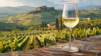 Glass of white wine on a wooden table with a scenic view of lush vineyards and rolling hills during...