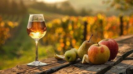 Glass of cider and fresh fruit on a wooden table with vineyard in the background at sunset.
