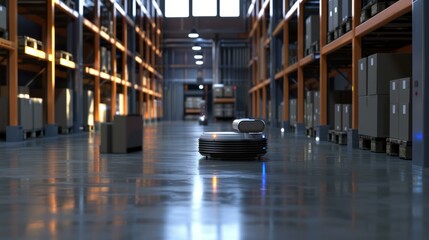 Autonomous robot navigating the aisle in a modern warehouse at dusk