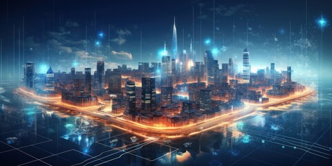 Fototapeta premium Futuristic Cityscape Illuminated at Night Generative AI