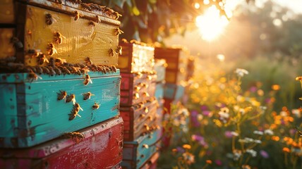 Sunrise activity at the colorful bee hives, showcasing the beauty of nature's pollinators - obrazy, fototapety, plakaty
