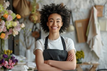 Smiling florist with curly hair wearing an apron in a flower shop filled with fresh blooms.