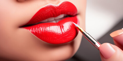 Female red lips close-up and cosmetologist's fingers with tool for permanent lip tattooing. Generated by AI.