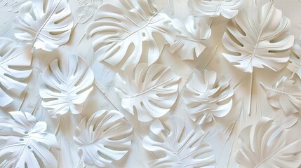 White monstera leaf bas-relief patterns on a textured background for contemporary interior design.